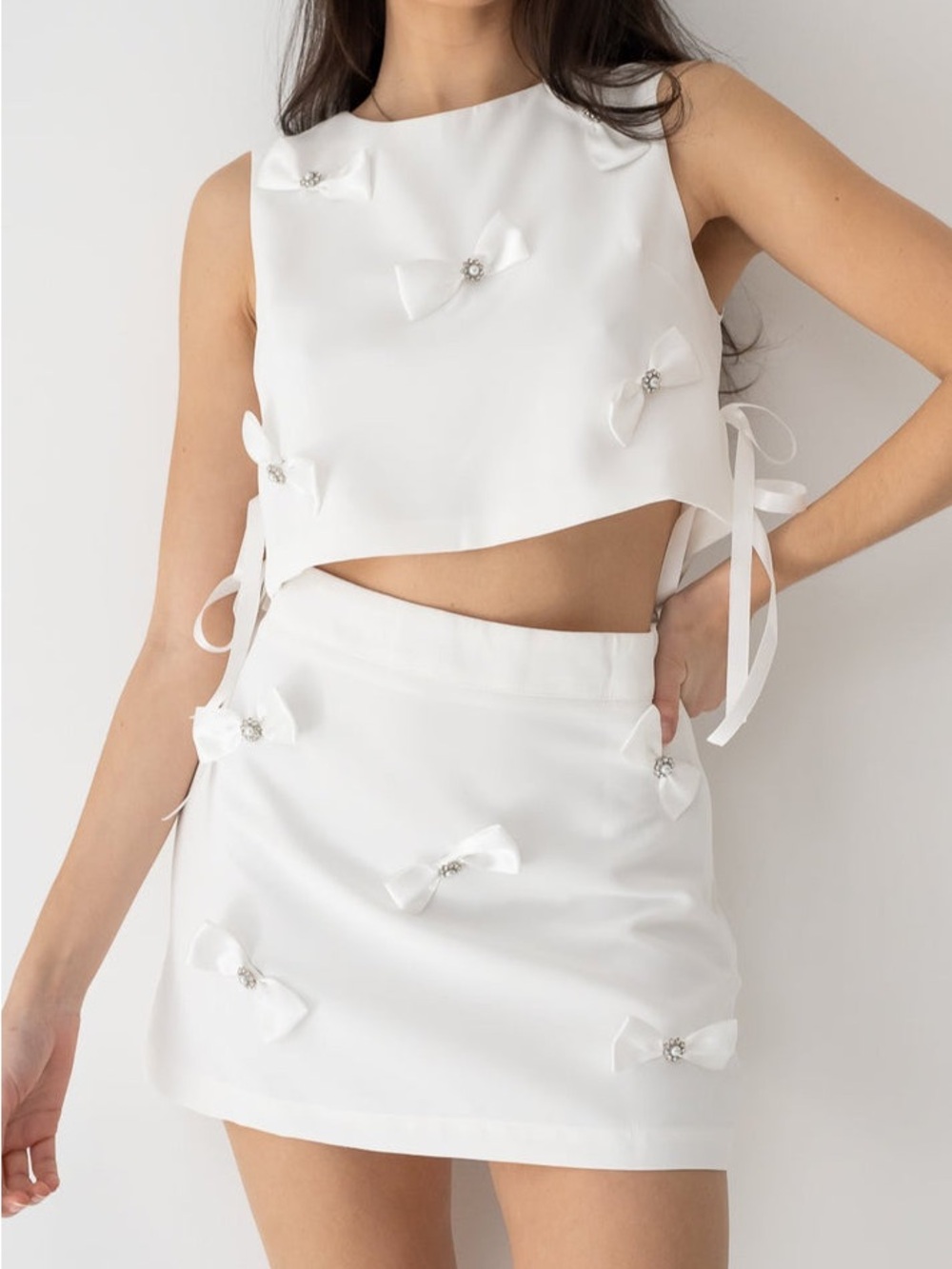 Mable Bow Detailed Crop Top and Mini Skirt Set size Medium NWT